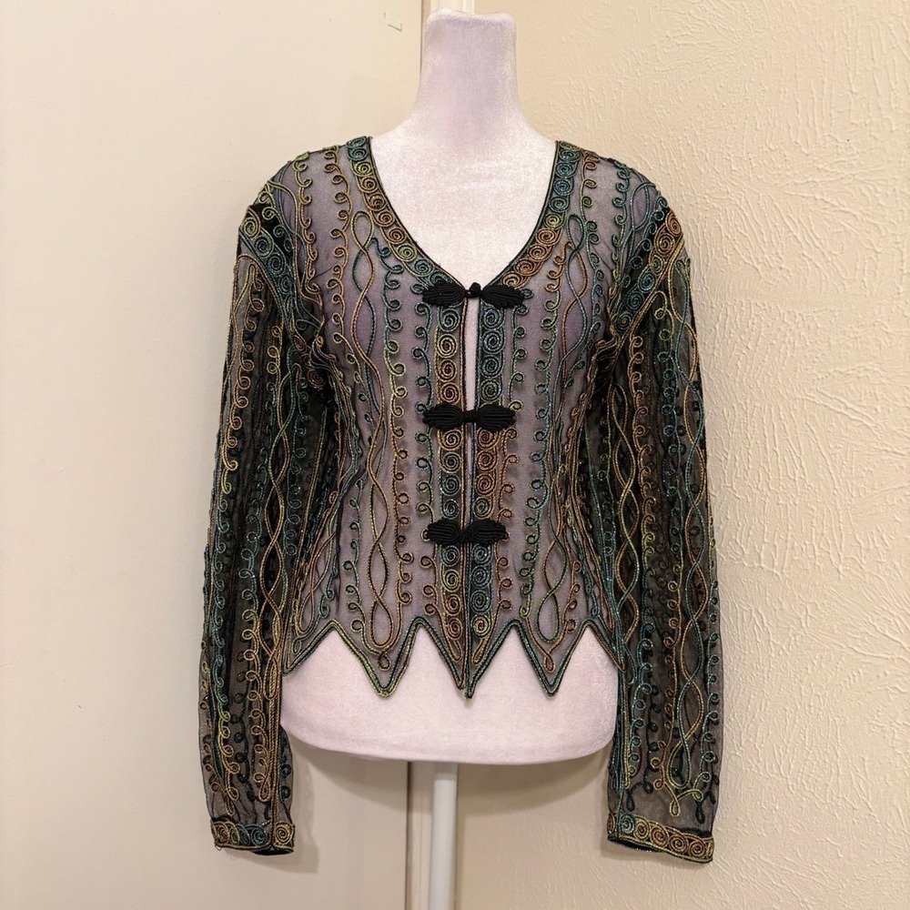 Whimsical Clowncore Fairy Green Black Sheer Mesh Embroidered Toggle Cardigan L